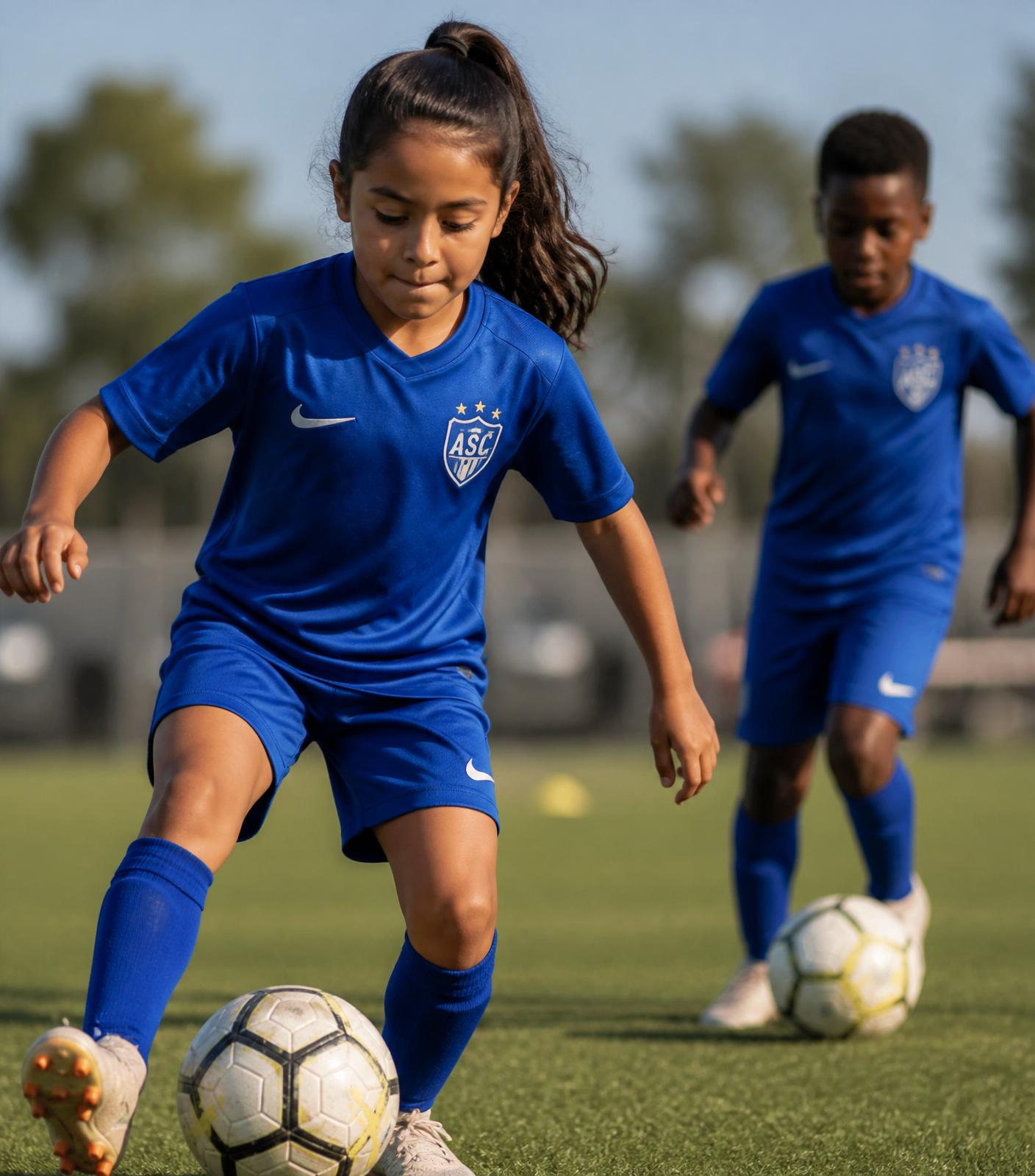 Young soccer player dribbling